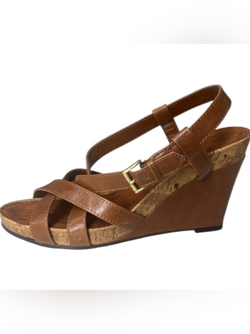 Aerology Women's Tan Strappy Cork Detail Wedge Sandals Sz 8.5